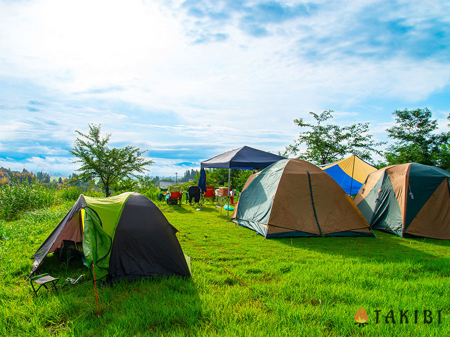キャンプ初心者向け　失敗しないテントの張り方とおすすめテントをご紹介　テント　草原　TAKIBI